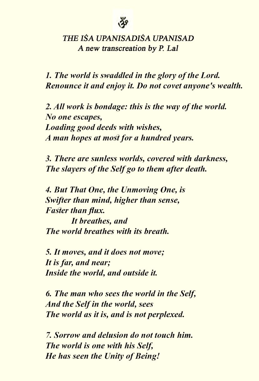 A Journey into the Upanishads: Discovering Prof P Lal's Transcreation upanishad copy creation